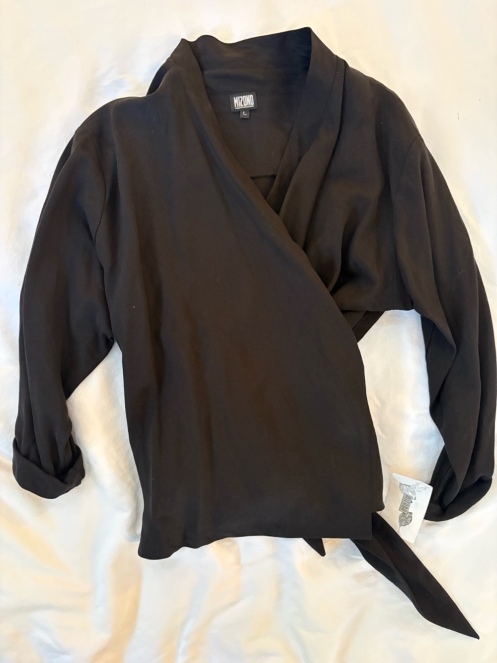 Tencel Linen Blend Black Wrap-Front Blouse with Tie Waist
